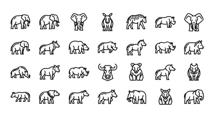 African Animal Icons Set: Vector Line Art Illustration of Elephants, Rhinos, Zebras, and More for Wildlife and Conservation Projects