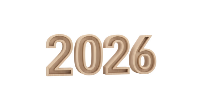Wooden 2026 year isolated on transparent background, new year coming concept