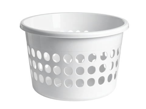 White plastic laundry basket clean, modern, empty, simple household container for organizing clothes, minimalist style, bright and fresh appearance.