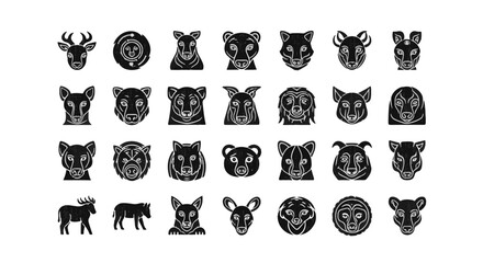 Collection of Animal Faces: Illustration Set of Wildlife Icons in Vector Style, Featuring Bear, Wolf, Deer, and Exotic Species