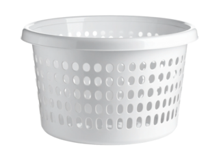 White plastic round basket empty, clean, modern, minimal style on white background, perfect for home organization or laundry room concepts.