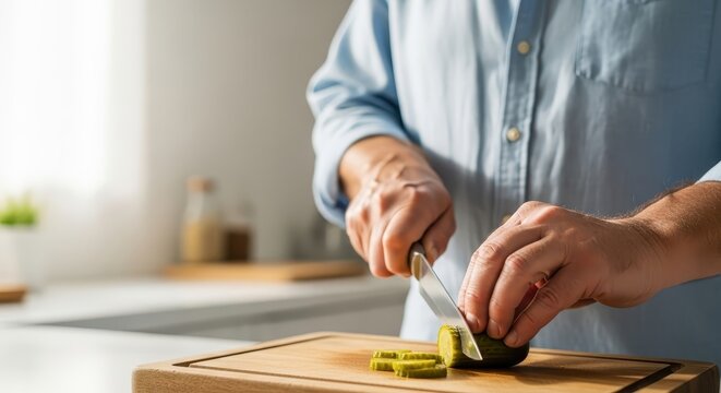 Man slicing cucumber on wooden cutting board in modern kitchen   - Powered by Adobe