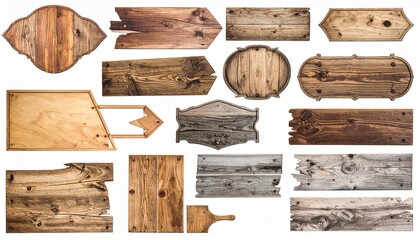 Collection of old various wooden sign isolated on white background. Object with clipp 