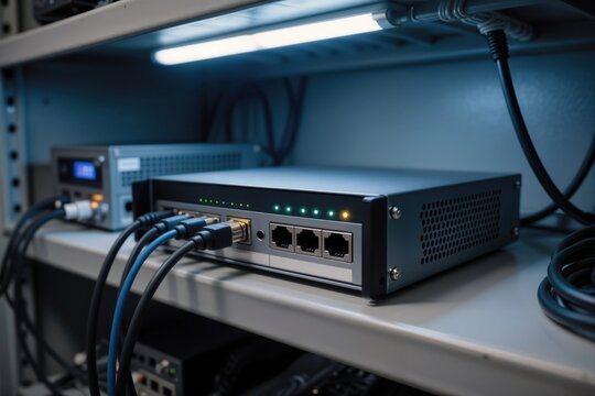 Network switch with ethernet cables and blinking lights on a server rack shelf.