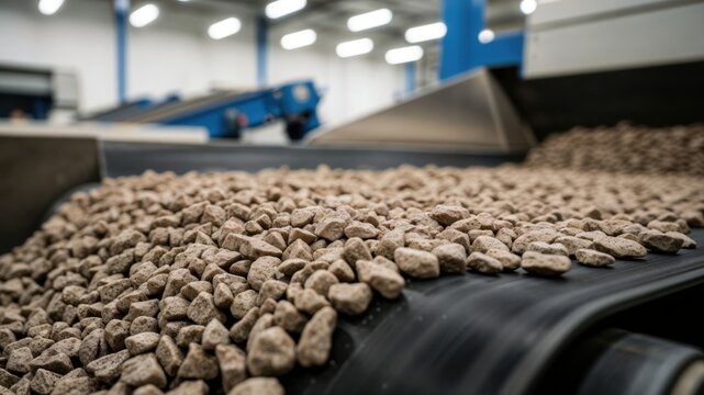 Close up of gravel aggregate on a conveyor belt in a factory.