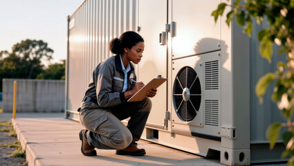 Technician performs maintenance check on battery unit cooling system outdoors.