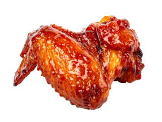 Sticky glazed spicy chicken wing isolated on white, glossy texture, savory snack, appetizing, delicious, perfect for food advertising and menus.