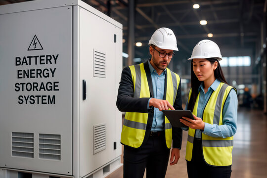 Engineers with tablet inspect battery energy storage system in factory.