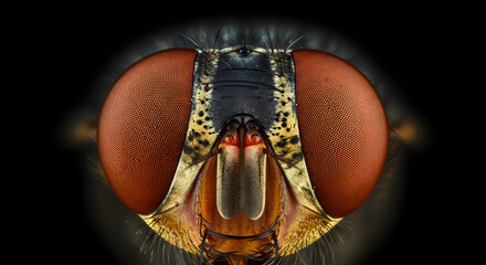 Extreme closeup of flys head showcasing compound eyes mouthparts  intricate textures against black background © hendrik