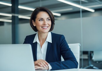 A smiling businesswoman in a suit sitting at a desk a laptop in a modern office environment