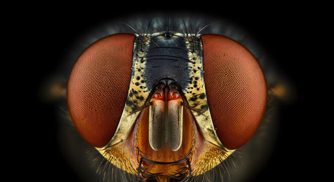 Extreme closeup of flys head showcasing compound eyes mouthparts  intricate textures against black background