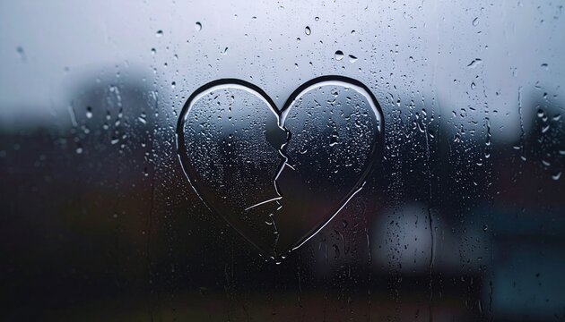 Broken heart on foggy window,A symbolic image of a broken heart drawn on a fogged glass window, representing pain and emotional loss.