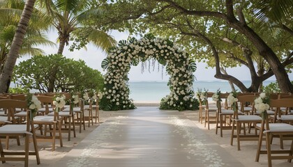 Elegant beach wedding ceremony setup with a floral arch overlooking the ocean.