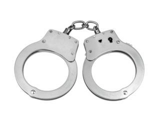 Silver metal handcuffs security concept, symbolizing law enforcement, restriction, safety, and justice on a clean white background with a realistic, modern style.