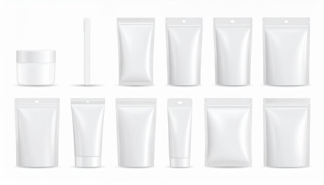 Set of realistic pouch mockups. White flow pack, sugar stick, sachet, zip bag and doy 