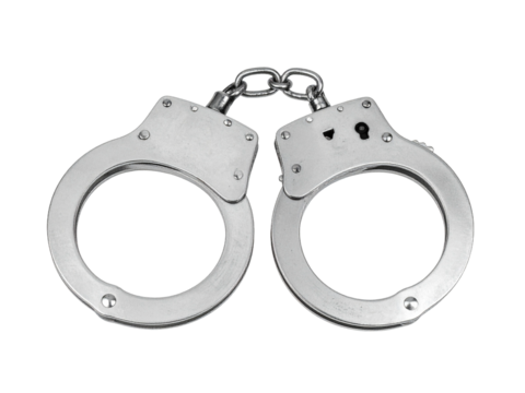 Silver metal handcuffs security concept, symbolizing law enforcement, restriction, safety, and justice on a clean white background with a realistic, modern style.