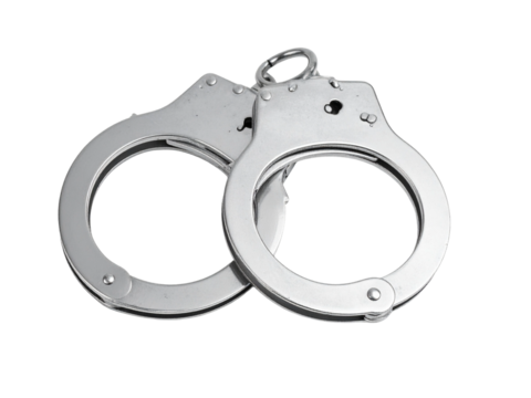 Silver metal handcuffs security restraint on white background, symbolizing law enforcement, arrest, justice, protection, authority, and criminal justice system.