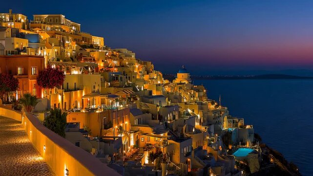 Experience sunset views of Santorini with its stunning architecture and vibrant lights along the coastline at twilight