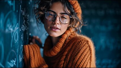 Young woman orange sweater and glasses chalkboard with math formulas, expressing concern and stress about debt crisis education, solving equations - Powered by Adobe