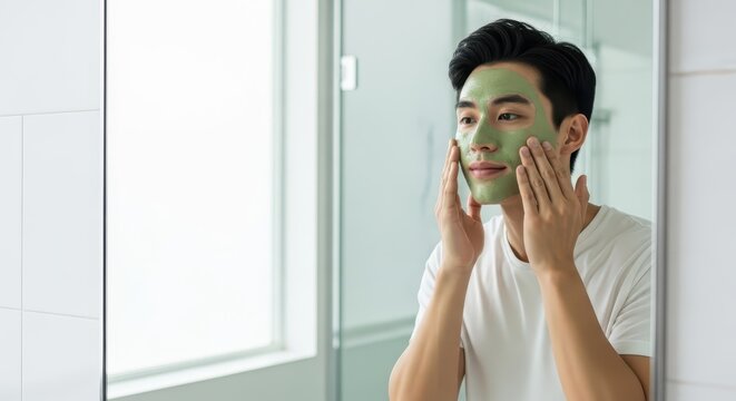 Young man applying green facial mask while looking in mirror
