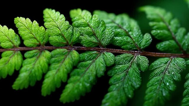 Vibrant green fern frond with intricate leaflets and a dark background