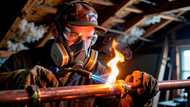 Welder in a respirator mask brazing a copper pipe with a torch.