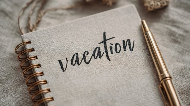 Vacation notebook with pen on linen background, travel planning concept