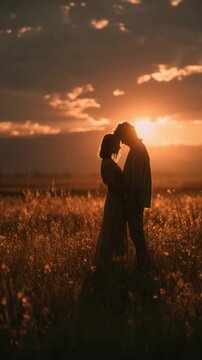 Beautiful couple enjoys a sunset together in a serene field, embracing each other with love and warmth