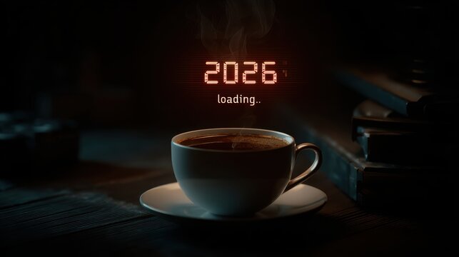 Coffee cup with 2026 loading message, concept for future and anticipation