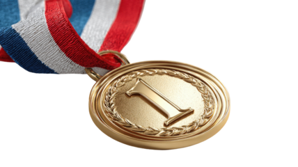 Gold medal award for first place success with red ribbon isolated on white background