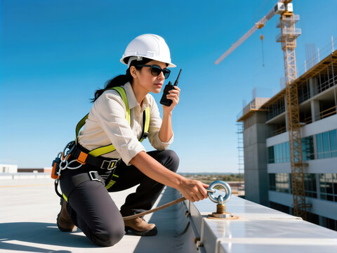Female safety inspector on a rooftop securing a harness at a construction site.