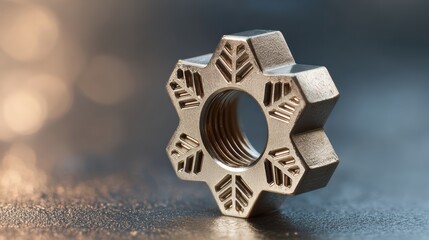 Close-up of a unique snowflake-shaped metal nut with intricate leaf patterns