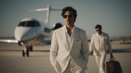 a stylish man walking near to a white private jet