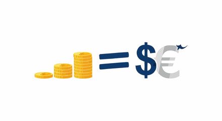 Currency exchange rate symbol and coins illustration.