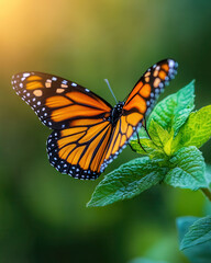 Naklejka premium Monarch butterfly with vibrant orange and black wings perched on fresh green mint leaves in sunlit garden, showcasing natural beauty and tranquility in close up macro view