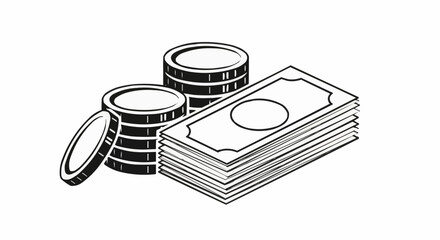 Monochrome hand drawn icon of cash money and coin stacks.