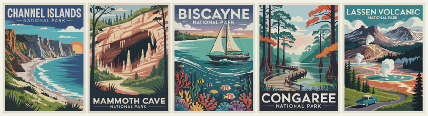 Vintage-style vector travel poster collection of five U.S. national parks—L. Islands, Mammoth Cave, Biscayne, Congaree, Lassen—with stylized landscapes and bold retro typography