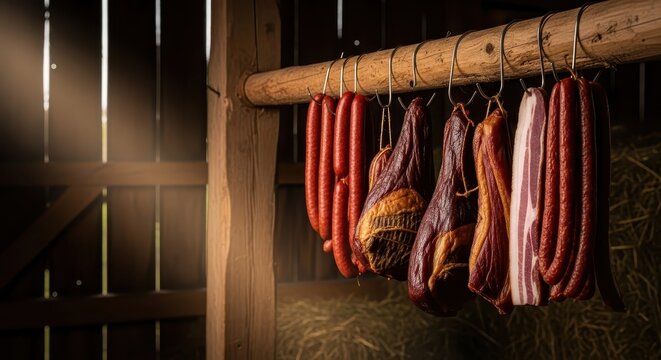 Smoked meat hanging on wooden bar in rustic barn environment  