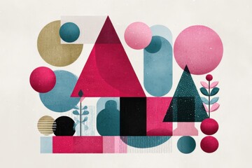 Colorful abstract artwork with geometric shapes like triangles, circles, and rectangles in pink, blue, and green.