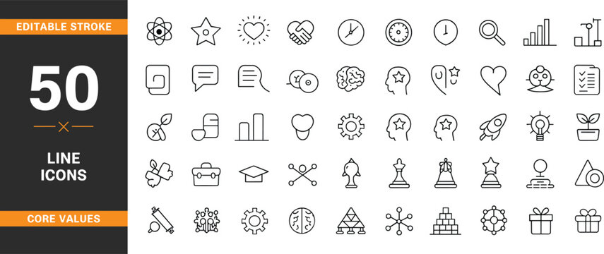 Editable stroke core values line icons collection, vector business ethics, teamwork, growth, leadership, innovation, goal, strategy, time management symbols