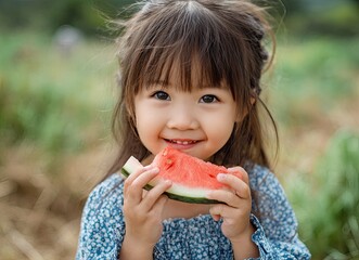 a little girl is eating watermelon in the park, smiling happily