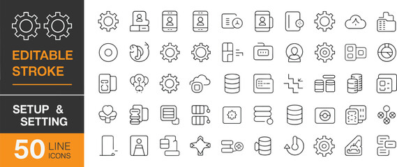 Minimalistic editable stroke setup and settings icons collection, vector line symbols for configuration, technology user interface, database, process and cloud management