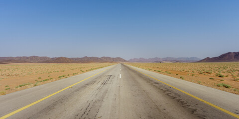 Endless straight road in desert landscape. Saudi Arabia