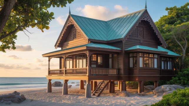 Charming wooden cabin nestled by the serene ocean shore