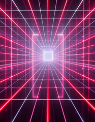 Obraz premium Abstract glowing neon light tunnel background with grid lines and square shape