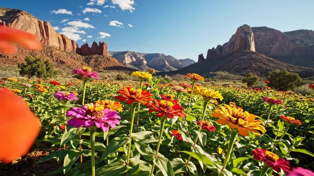 Vibrant Zinnia Flowers Swaying Gently in Meadow Against Mountains on Sunny Day