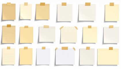 Sheets of paper for notes are glued with tape on a white background. Vector i