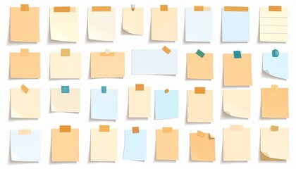 Sheets of paper for notes are glued with tape on a white background. Vector i