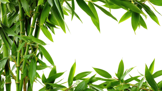 Fresh green bamboo leaves frame isolated on a vibrant tropical grass background, depicting growth and nature