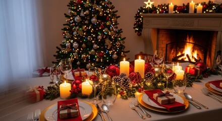 Festive Christmas dinner table with candles and tree by cozy fireplace